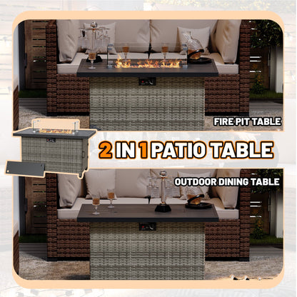 44 Inch Outdoor Wicker Fire Pit Table, 50000 BTU Propane Fire Pits with Glass Wind Guard and Lid, Patio Gas Fire Pit for Outside Patio and Garden(Grey) - Home OXO
