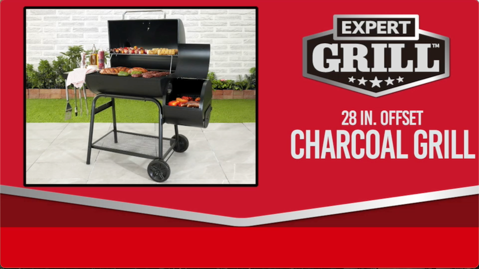 Expert Grill 28" Charcoal Offset Smoker Grill with Side Firebox, Black, New - Home OXO