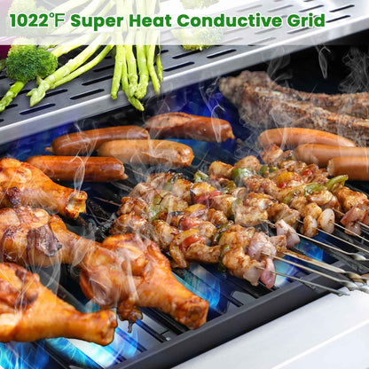 Seizeen 4 Burner Propane Gas Grill, Powerful 34,200BTU Outdoor BBQ Grill on Wheels, Stainless Steel Grill with Thermometer Foldable Table Storage Box, for RV Party Camping Patio