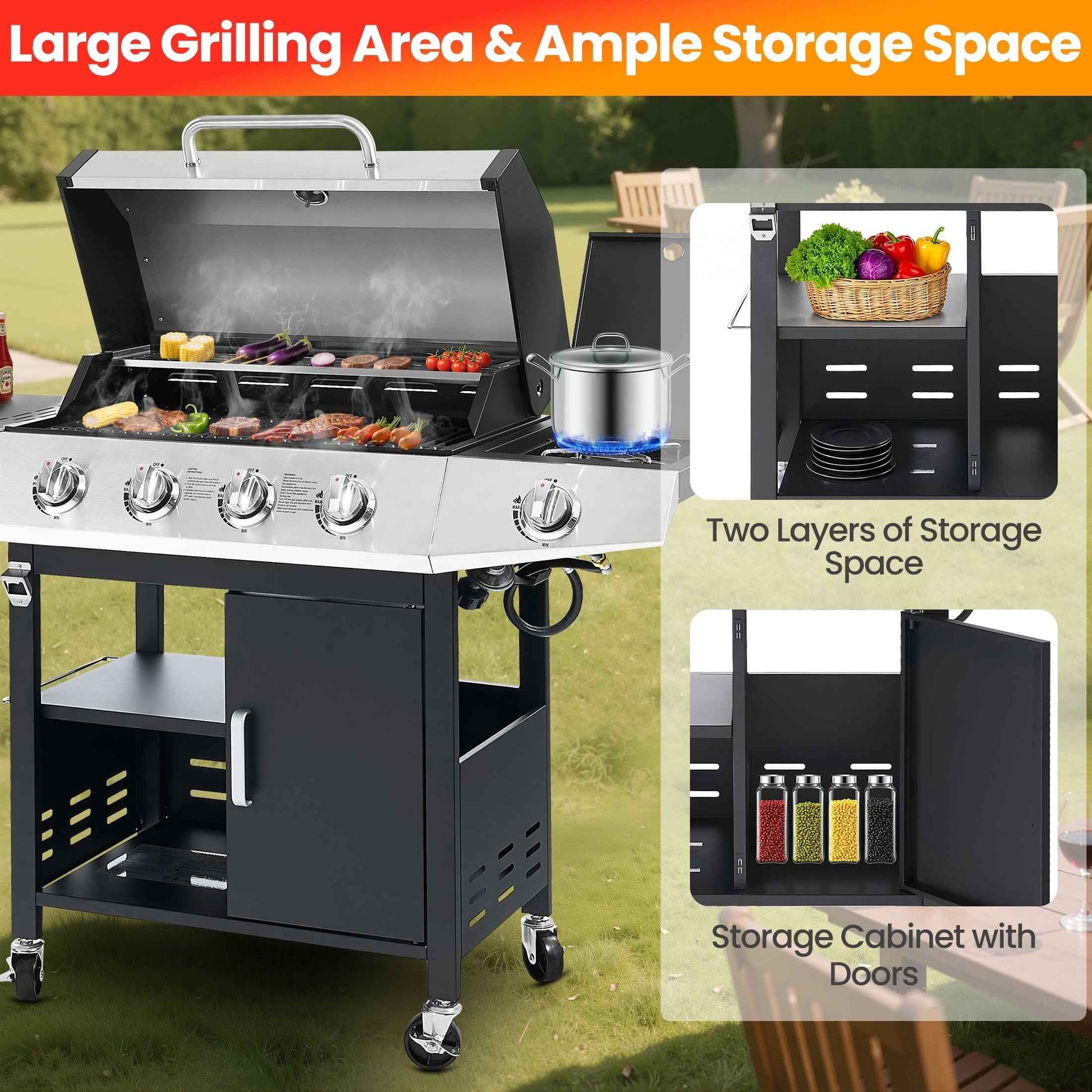 Segmart 4 Burner BBQ Propane Gas Grill with Side Burner, Stainless Steel 50,000 BTU Patio Barbecue Grill with Shelf, Gas Tank Hook, Towel Rack & Bottle Opener, Fits for Camping, Outdoor Cooking