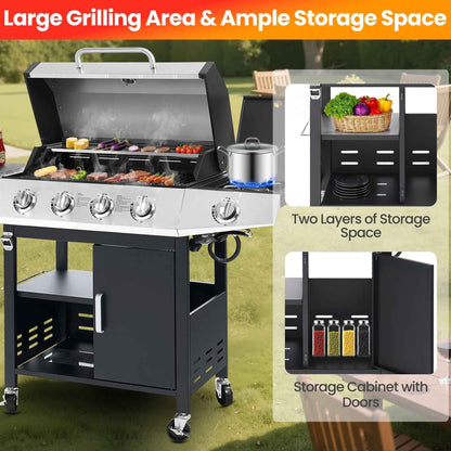 Segmart 4 Burner BBQ Propane Gas Grill with Side Burner, Stainless Steel 50,000 BTU Patio Barbecue Grill with Shelf, Gas Tank Hook, Towel Rack & Bottle Opener, Fits for Camping, Outdoor Cooking