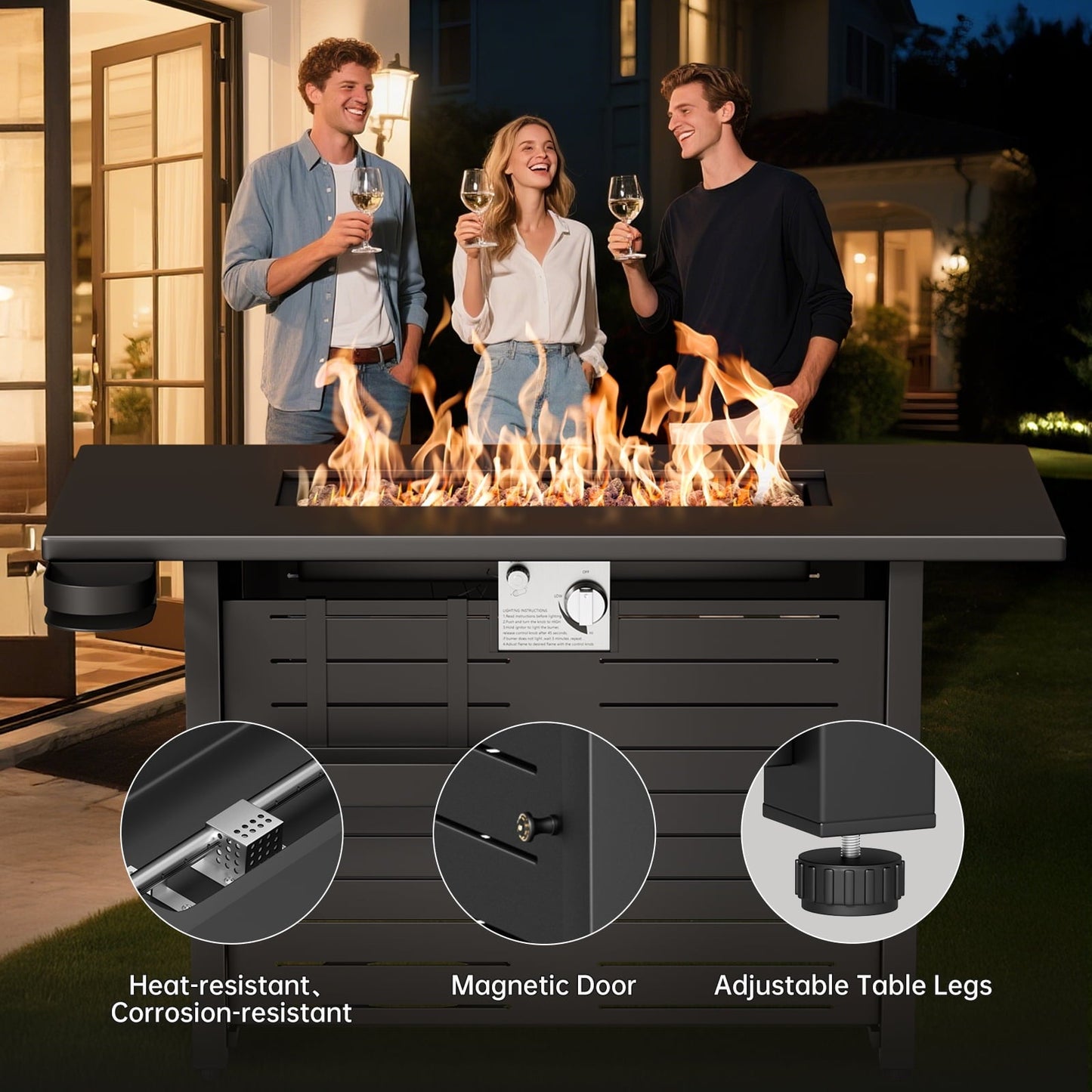 KingChii 45 inch Propane Fire Pit with Lid, Lava Stone, 60,000 BTU Steel Gas Fire Pit Table for Outdoor, Garden, Patio and Backyard, Black - Home OXO