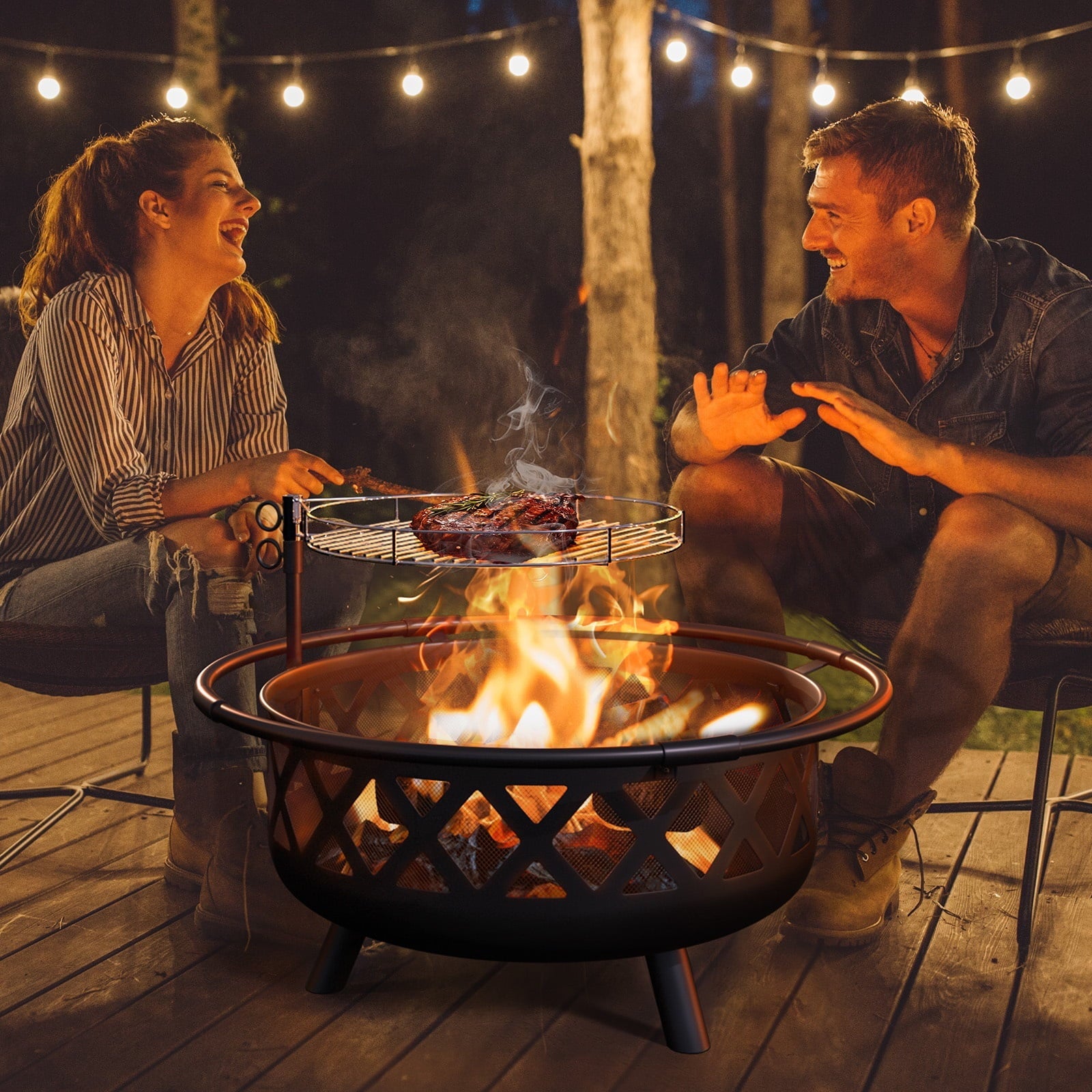 JolyDale 30 inch Outdoor Fire Pit with Cooking 2 in 1 Grate Wood Burning Firepit Steel Firepit Bowl with Swivel BBQ Grill, Poker for Backyard, Garden - Home OXO