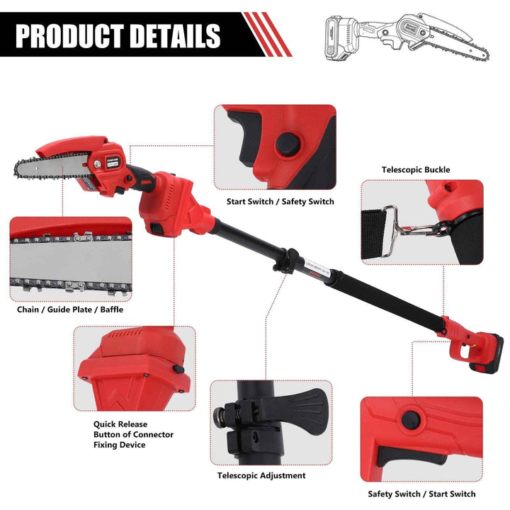 2-in-1 Brushless Cordless Pole Saw,6in + 8in Mini Chainsaw & Pole Saw with 2pcs 2.0A Batteries, 13.6ft Max Reach Brach Tree Saw Telescoping Extension Rod for Wood Tree Trimming Wood Cutting，Red