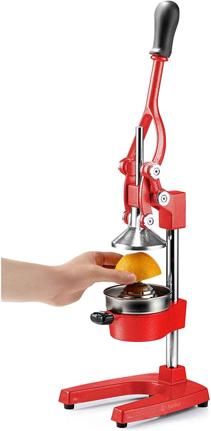 Eurolux Cast Iron Citrus Juicer | Commercial Grade Manual Hand Press | Countertop Squeezer for Fresh Fruit Juice (Bonus Stainless Steel Cup) (Red)