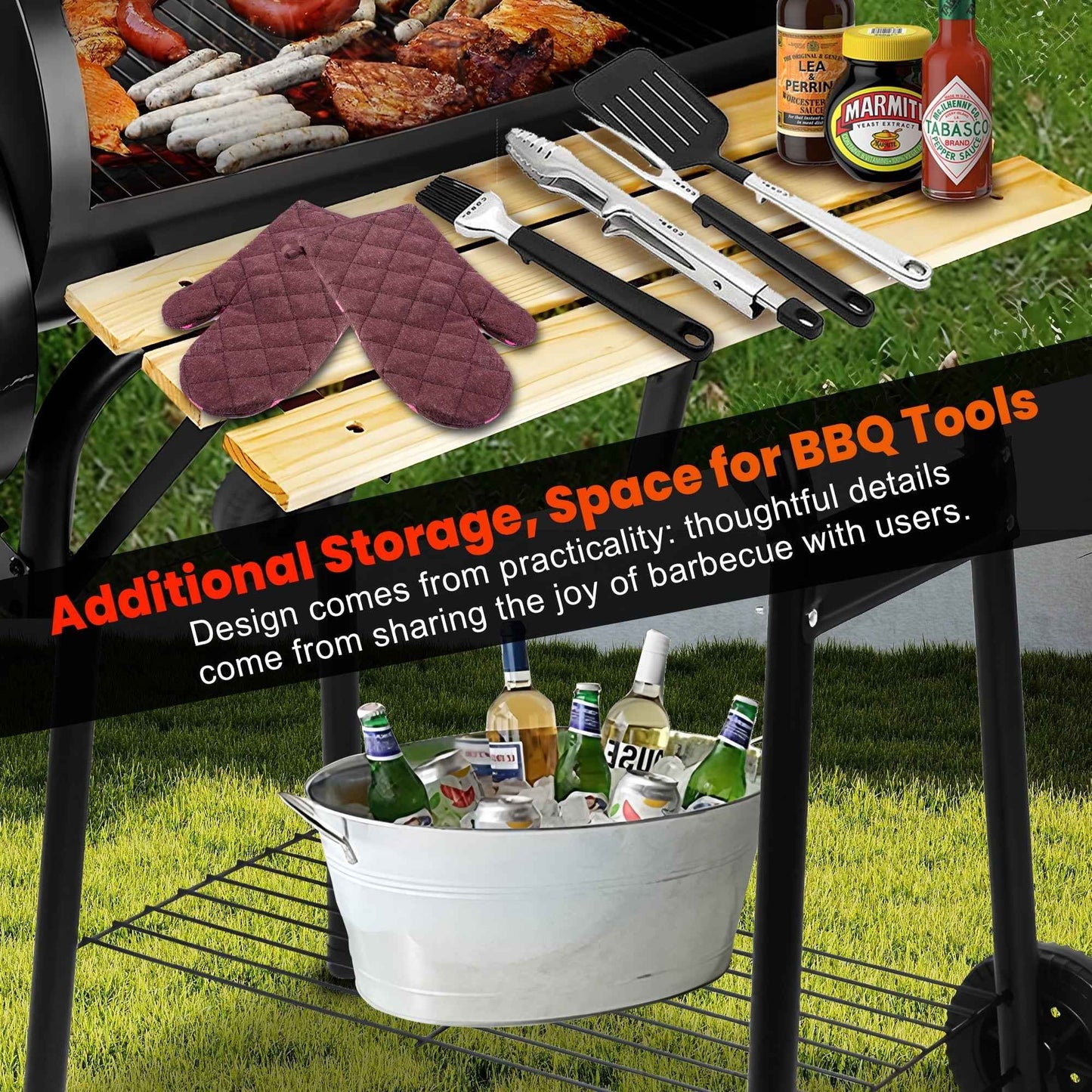 Seizeen Charcoal Grill w/Smoker, Outdoor BBQ Grill with Side Table, Portable Offset Smoker W/2-Zone Area