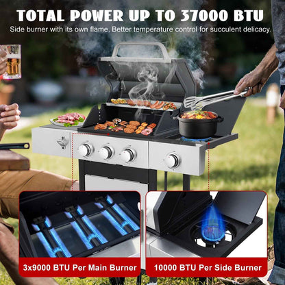 Nice Cooker 3-Burner Propane Gas Grill with Side Burner, 37000 BTU Outdoor BBQ Grill with Porcelain-Enameled Cast Iron Grates, Double Layer Lid, Built-in Thermometer Stainless Steel Grill for Outdoor