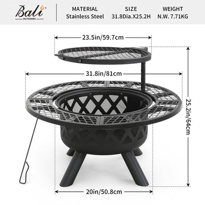 BALI OUTDOORS 32 inch Fire Pit with Poker, Wood Burning Fire Pit Patio for Outside with Grill - Home OXO