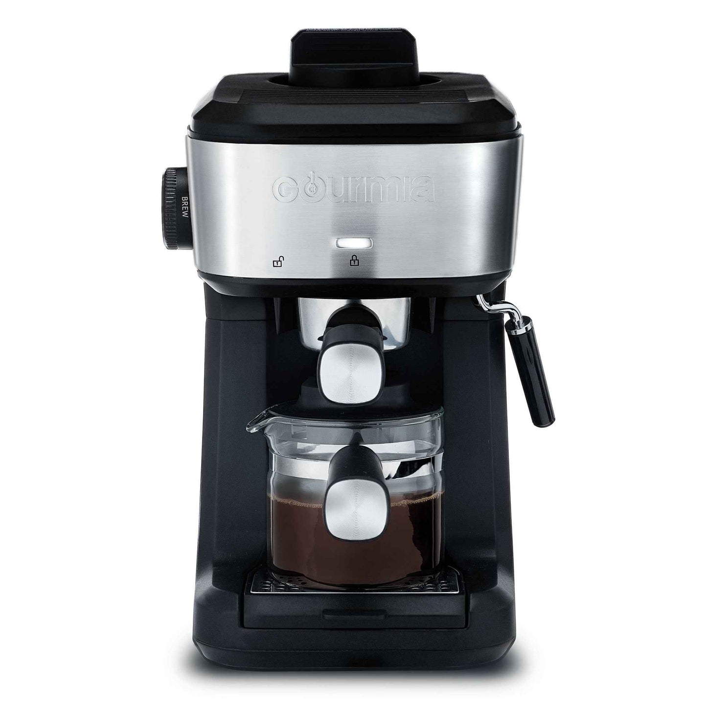 Gourmia 4-Shot Steam Espresso, Cappuccino, and Latte Maker with Frothing Wand, Black, New