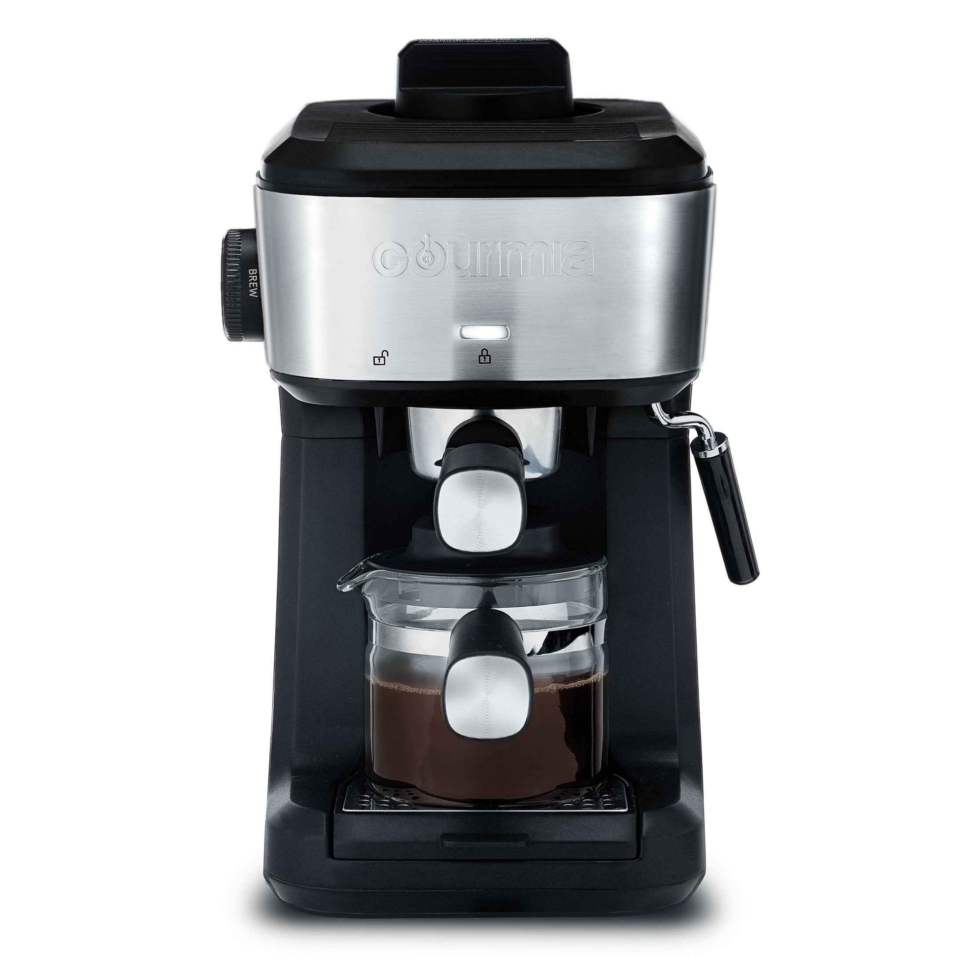 Gourmia 4-Shot Steam Espresso, Cappuccino, and Latte Maker with Frothing Wand, Black, New