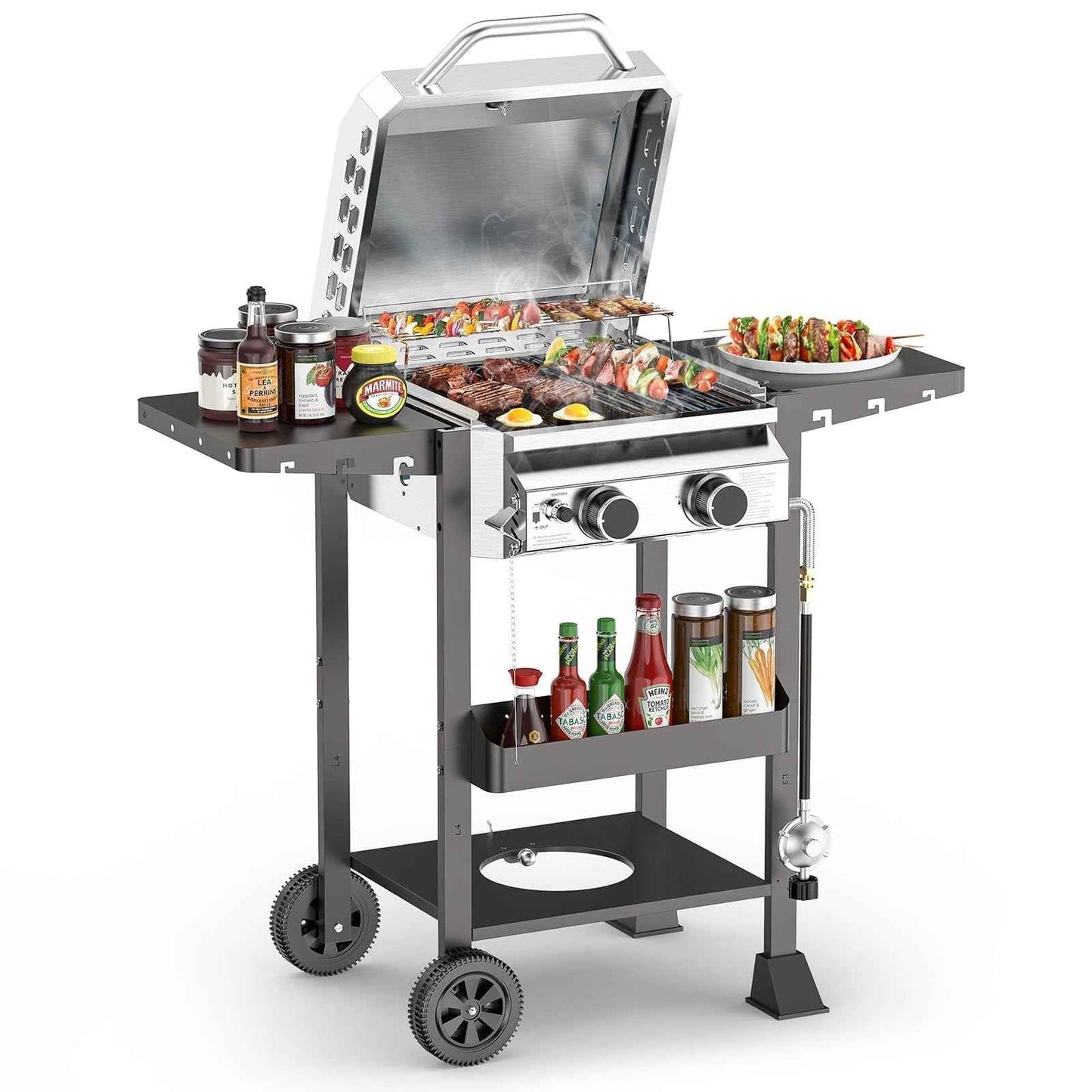 LHRIVER 2 Burner Gas Grill with Side Table, Portable Outdoor Barbecue Cooking BBQ, 16000BTU
