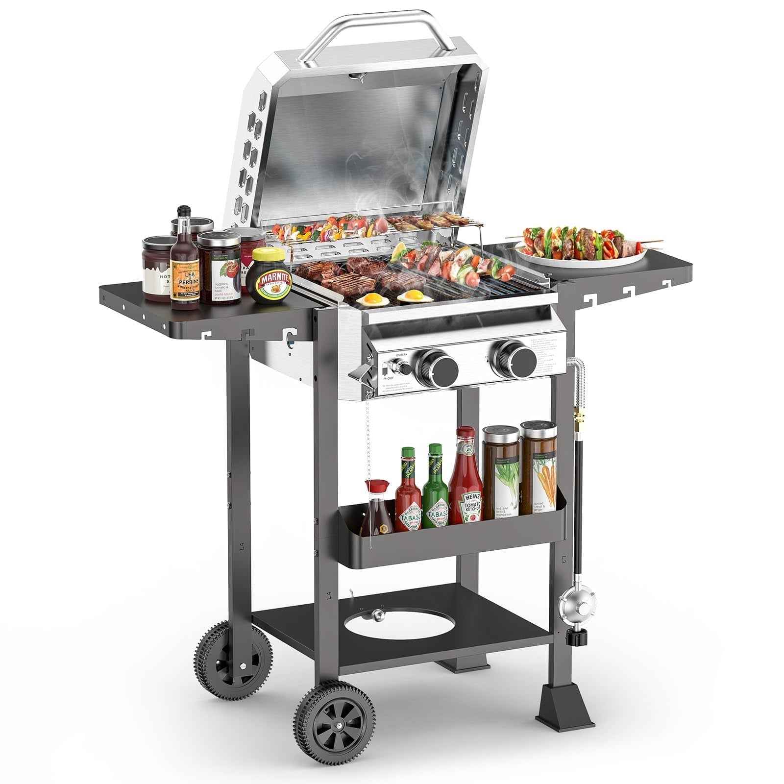 LHRIVER 2 Burner Gas Grill with Side Table, Portable Outdoor Barbecue Cooking BBQ, 16000BTU