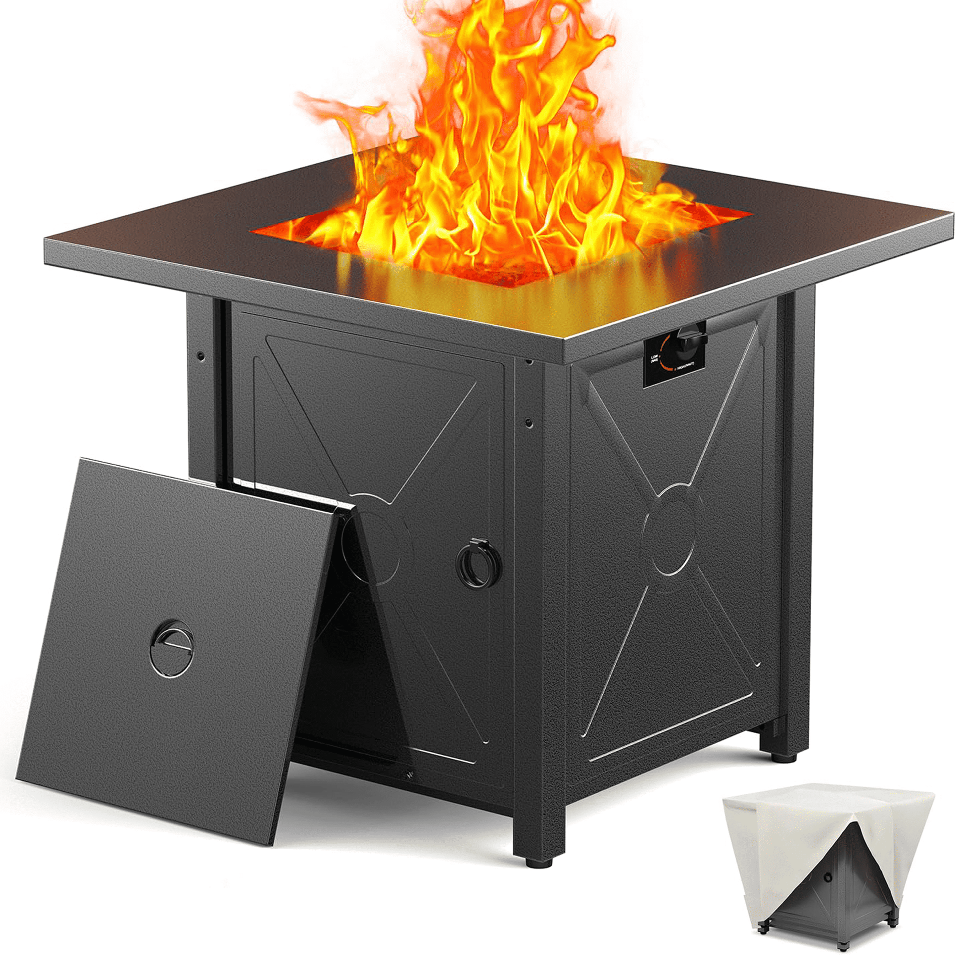 LHRIVER 28" Outdoor Propane Fire Pit Table, 40000 BTU  Steel Gas Fire Pit with Removable Lid, Lava Rocks & Rain Cover - Home OXO