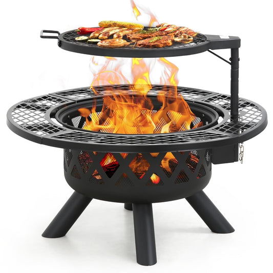 BALI OUTDOORS 32 inch Fire Pit with Poker, Wood Burning Fire Pit Patio for Outside with Grill - Home OXO