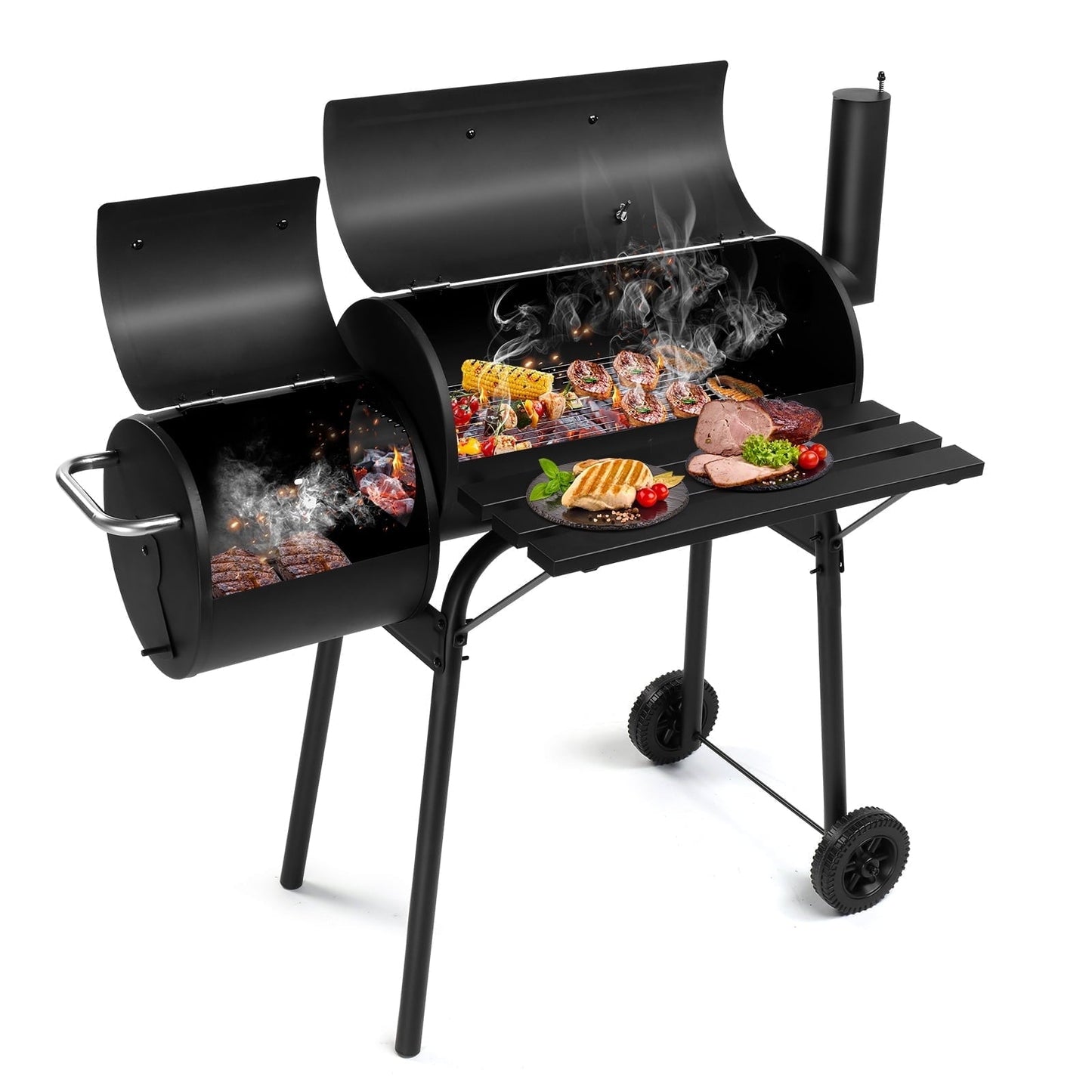 BBQ Charcoal Grill Outdoor Barbecue Pit with Offset Smoker Patio Backyard,Iron,Black - Home OXO