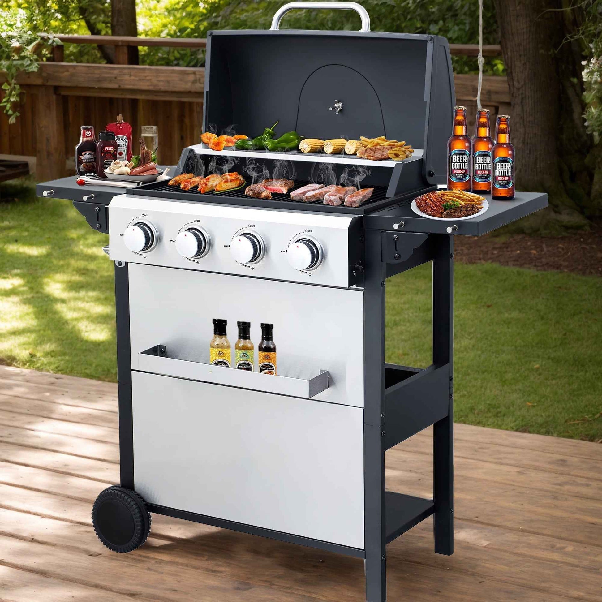 Seizeen 4 Burner Propane Gas Grill, Powerful 34,200BTU Outdoor BBQ Grill on Wheels, Stainless Steel Grill with Thermometer Foldable Table Storage Box, for RV Party Camping Patio