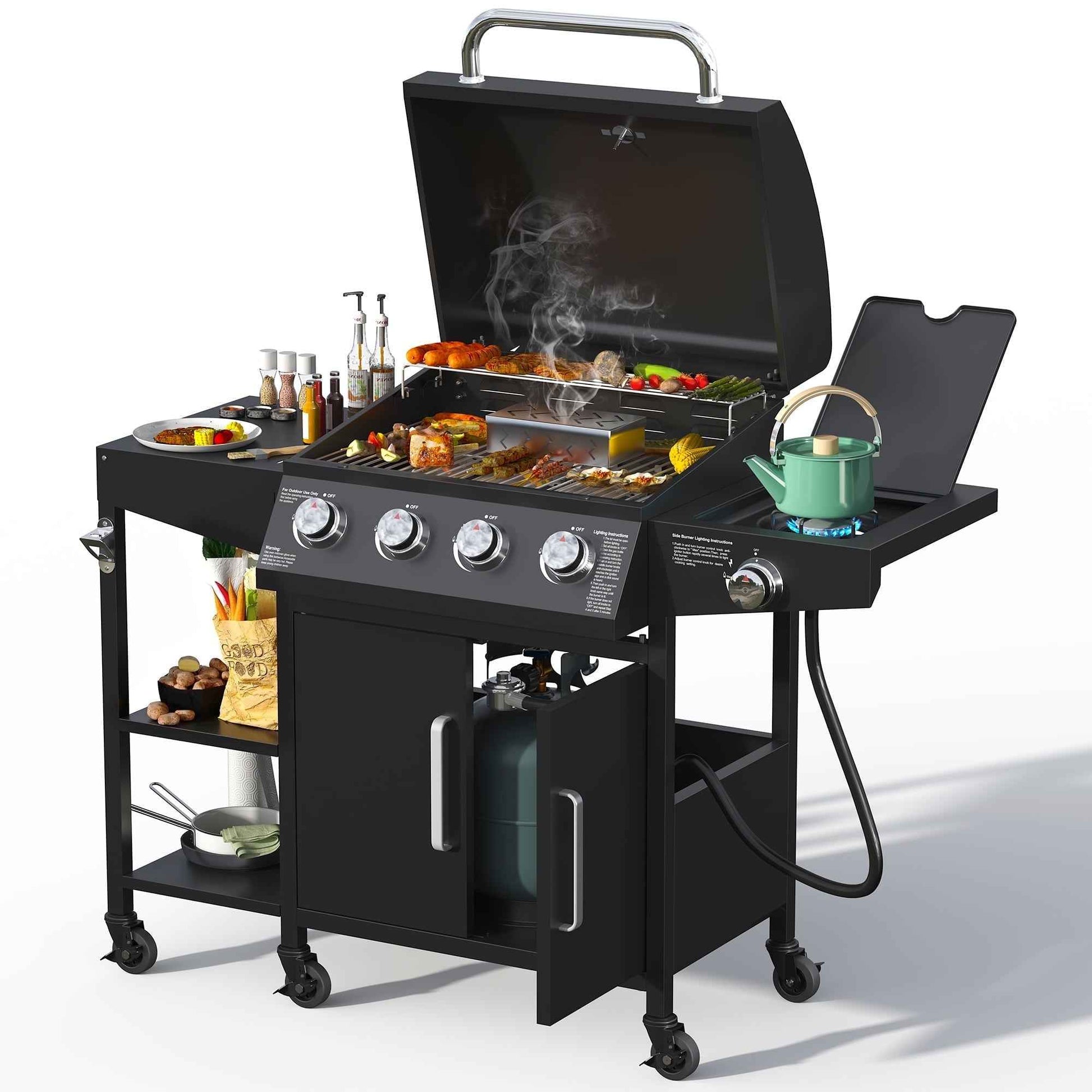 Brefac 4 Burner Propane Gas Grill with 3 Tier Shelf, 50000 BTU Outdoor Cooking Stainless Steel BBQ Grills Cabinet,Can be Placed Smoke Box，Black