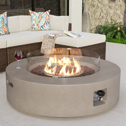 COSIEST Outdoor 40.5 inch Round Grey Propane Fire Pit Coffee Table w Wind Guard (Tank Outside) - Home OXO