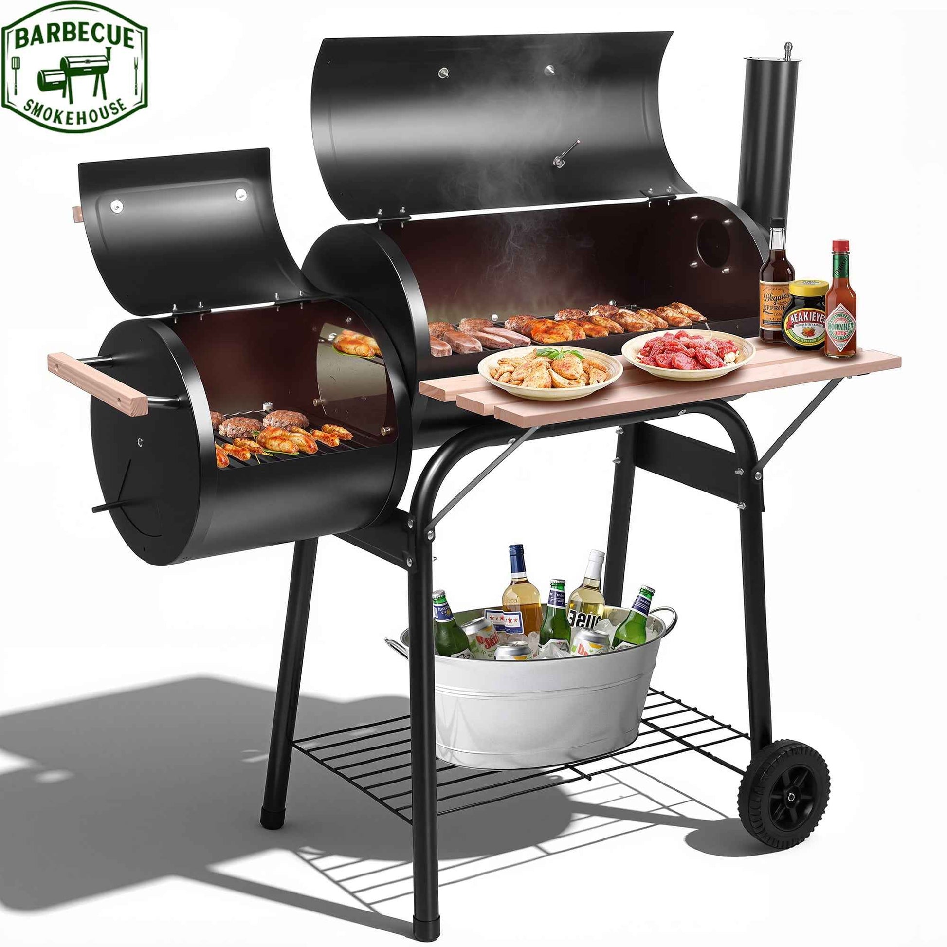 Seizeen Charcoal Grill w/Smoker, Outdoor BBQ Grill with Side Table, Portable Offset Smoker W/2-Zone Area