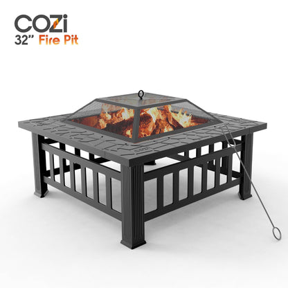 Cozi Outdoor Square Fire Pit Table with BBQ Grill for Camping and Outdoor Decor, 32” - Home OXO