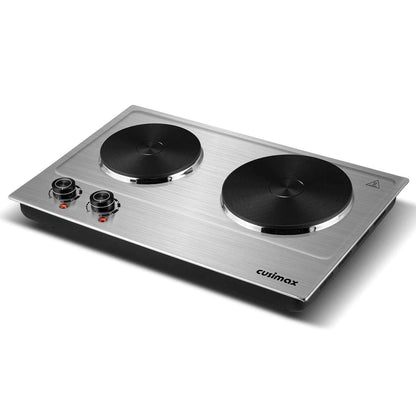 CUSIMAX 1800W Portable Double Burner Hot Plate – Stainless Steel Countertop Electric Cooktop with Dual Cast Iron Heating Plates, Easy-to-Clean Silver Design, Upgraded Version