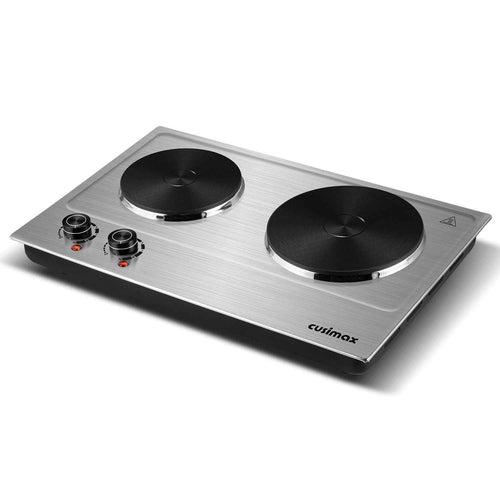 CUSIMAX 1800W Portable Double Burner Hot Plate – Stainless Steel Countertop Electric Cooktop with Dual Cast Iron Heating Plates, Easy-to-Clean Silver Design, Upgraded Version