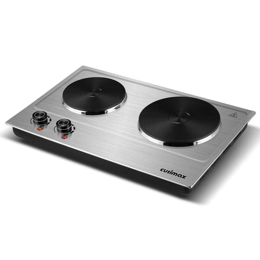 CUSIMAX 1800W Portable Double Burner Hot Plate – Stainless Steel Countertop Electric Cooktop with Dual Cast Iron Heating Plates, Easy-to-Clean Silver Design, Upgraded Version
