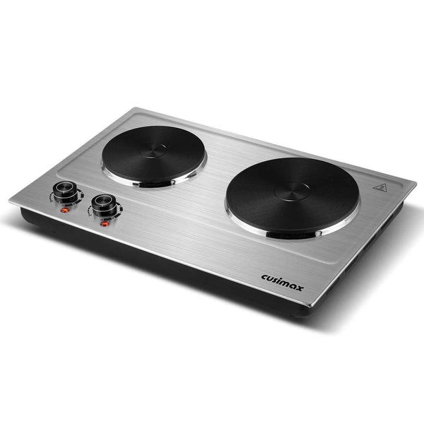 CUSIMAX 1800W Portable Double Burner Hot Plate – Stainless Steel Countertop Electric Cooktop with Dual Cast Iron Heating Plates, Easy-to-Clean Silver Design, Upgraded Version