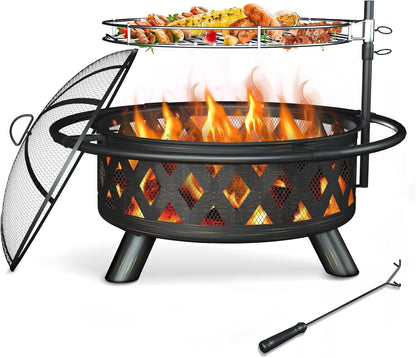 ELPOSUN Fire Pit for Outside 30 inch Outdoor Wood Burning Firepit Large Steel Firepit with protective cover for Backyard Bonfire Patio - Home OXO