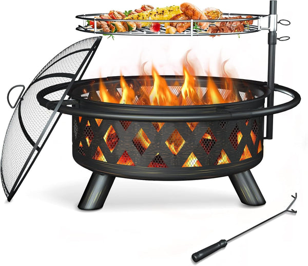 ELPOSUN Fire Pit for Outside 30 inch Outdoor Wood Burning Firepit Large Steel Firepit with protective cover for Backyard Bonfire Patio