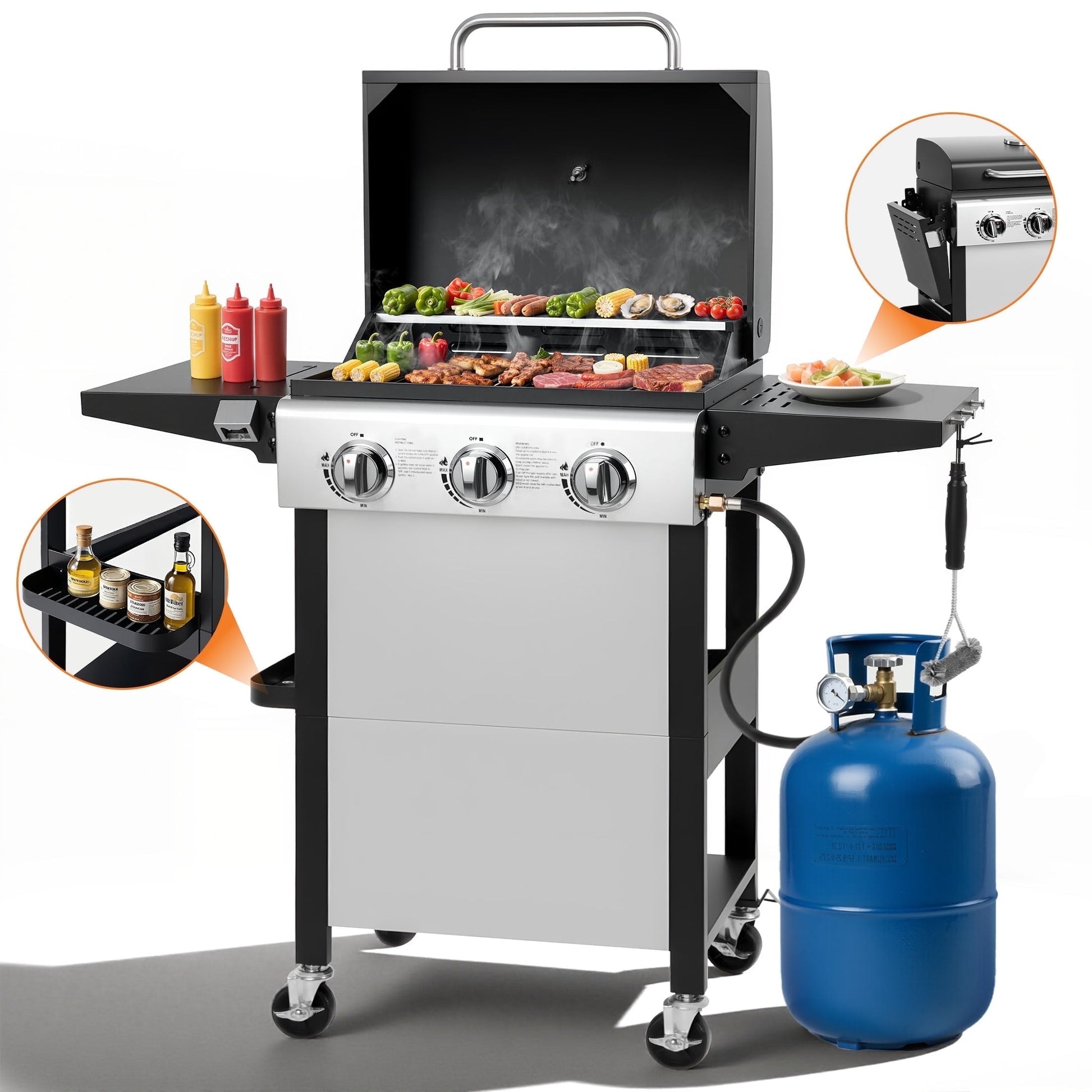 Enyopro 3 Burner Propane Gas Grill, 30,000BTU Stainless Steel Barbecue Grill with Foldable Side Table, Built-in Thermometer, Hanging Basket for Outdoor BBQ Camping Grill - Home OXO