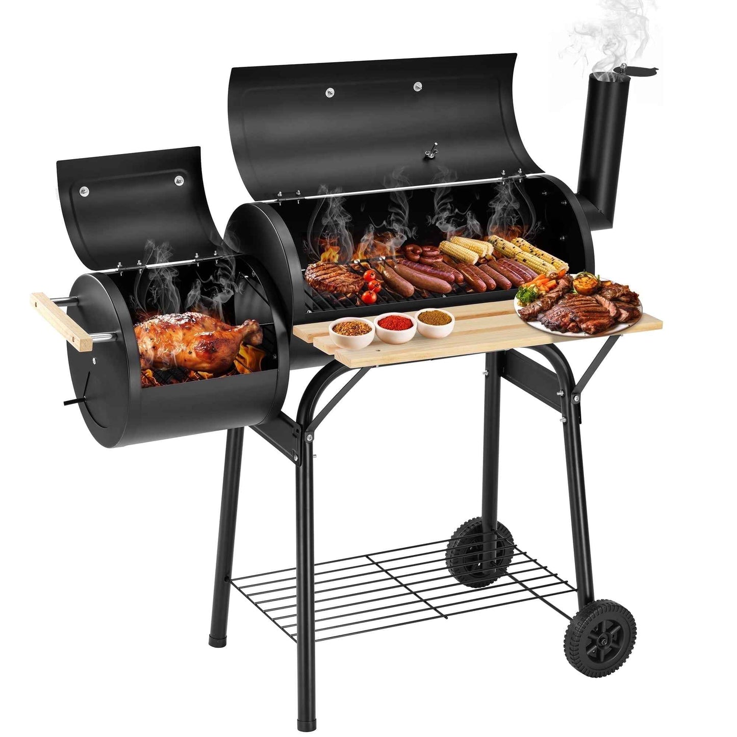 Enyopro Charcoal Grill, Portable BBQ Grill & Smoker Combo, with Offset Smoker and Wood Shelf, Thermometer, Wheels, for Outdoor Picnic, Patio, Backyard, Camping