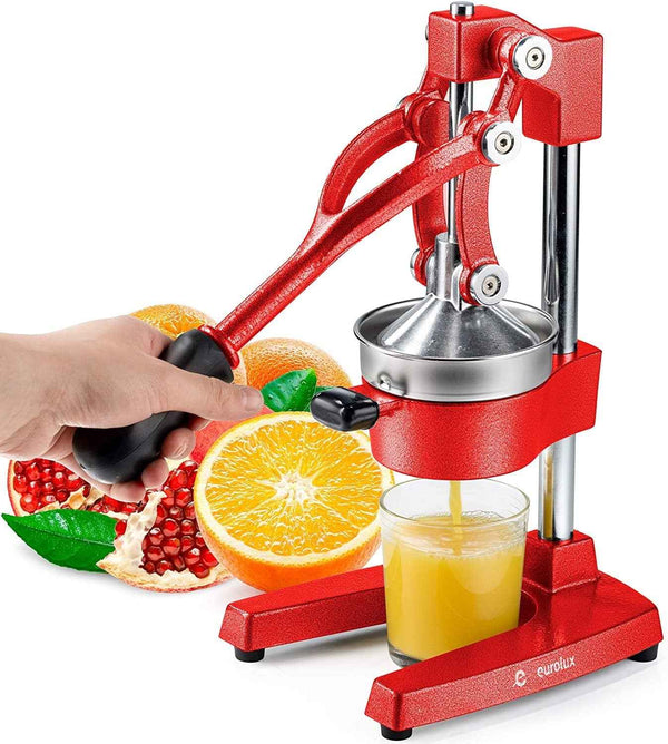 Eurolux Cast Iron Citrus Juicer | Commercial Grade Manual Hand Press | Countertop Squeezer for Fresh Fruit Juice (Bonus Stainless Steel Cup) (Red)
