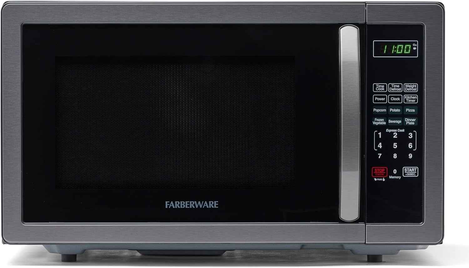 Farberware Stainless Steel Countertop Microwave Oven with Child Lock, 1.1 Cu Ft Black Stainless