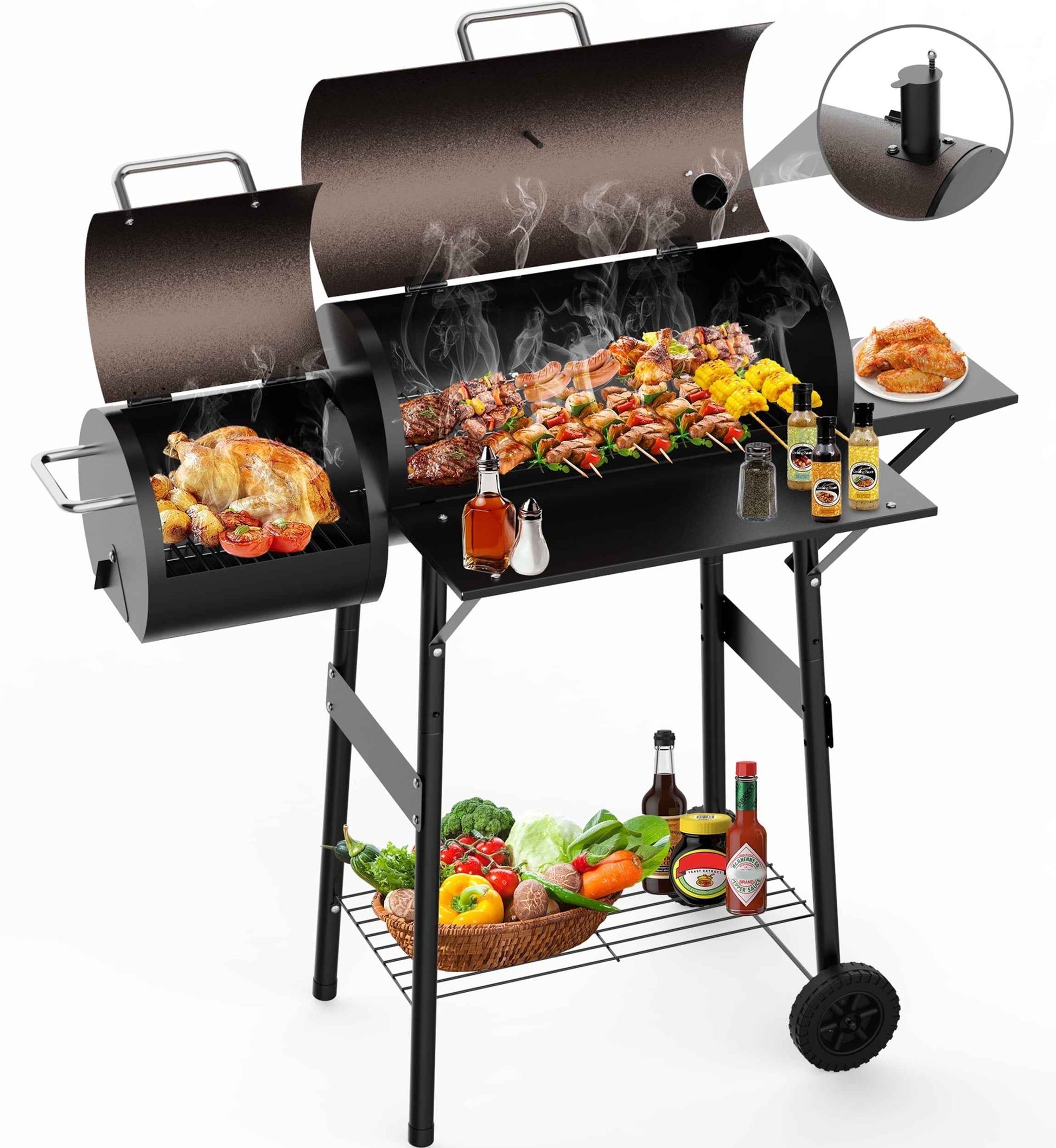 Firstness Charcoal Grill, Outdoor BBQ Grill Charcoal with Offset Smoker for Barbecue Pit Patio Backyard Camping Picnics, Black & Brown