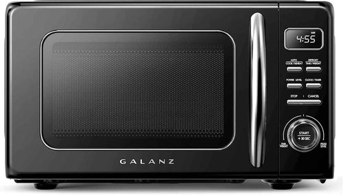 Galanz Retro Countertop Microwave Oven with Auto Cook & Reheat, Defrost, Quick Start Functions, Easy Clean with Glass Turntable, Pull Handle, .9 cu ft, Black