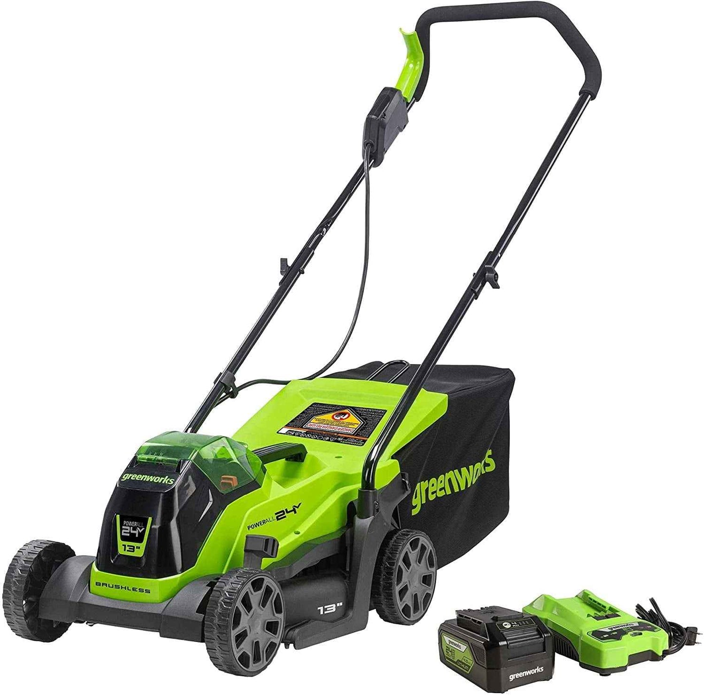 Greenworks 24V 13” Battery Powered Push Walk-Behind Mower, 4Ah USB Battery and Charger Included