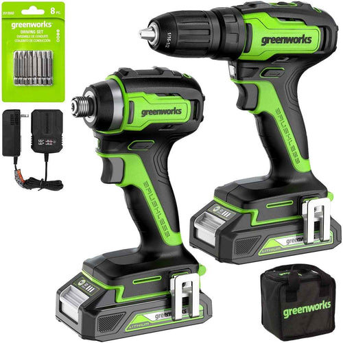 Greenworks 24V Brushless 1/2" Drill + 1/4" Impact Driver Combo Kit with (2) Batteries and Charger
