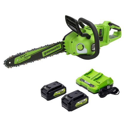 Greenworks 48V (2x24V) 14" Brushless Chainsaw + (2) 4Ah USB Batteries & Dual Port Charger 2017902