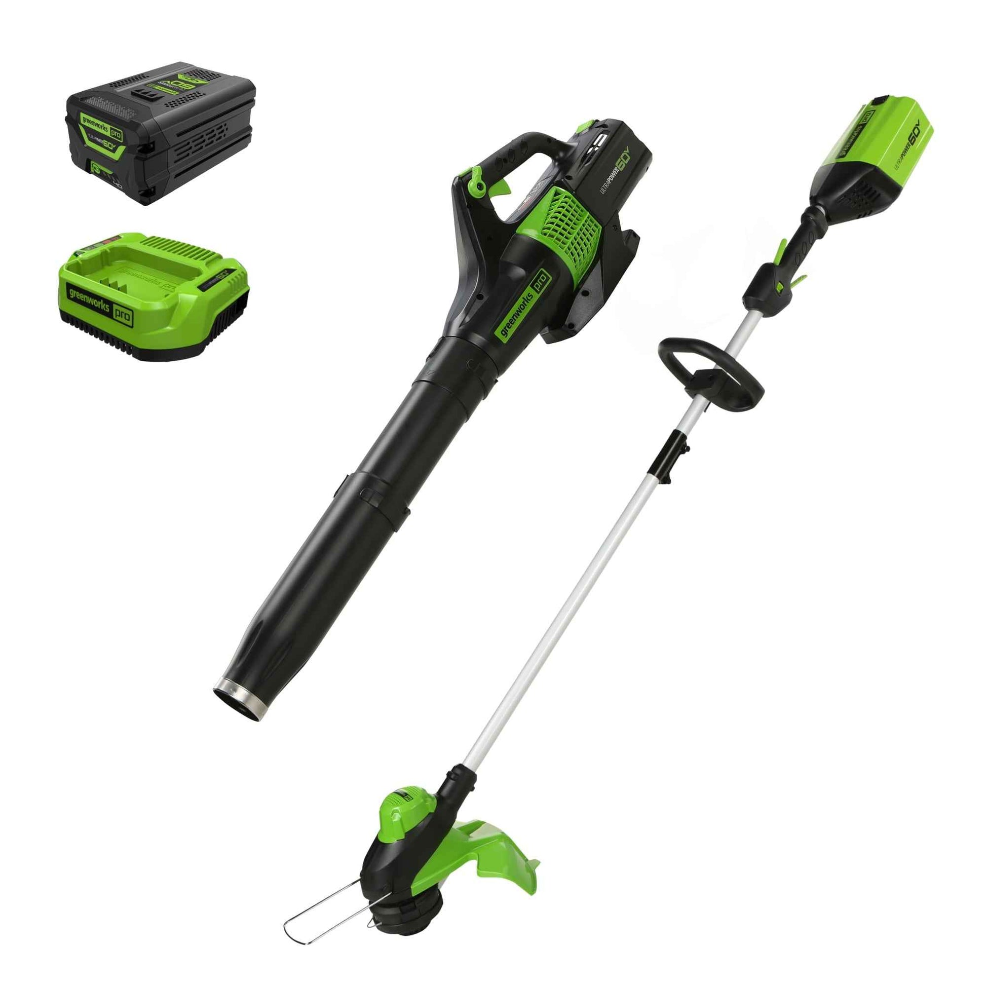Greenworks 60V 13" String Trimmer, 140 MPH 540 CFM Leaf Blower Combo + 4Ah Battery & Charger 1303302