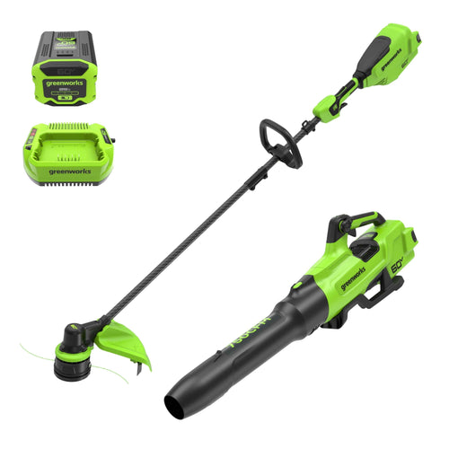 Greenworks 60V 16" Front Mount Carbon Fiber String Trimmer, 750 CFM at 180 mph Blower Kit + 2.5Ah Battery & 3A Charger