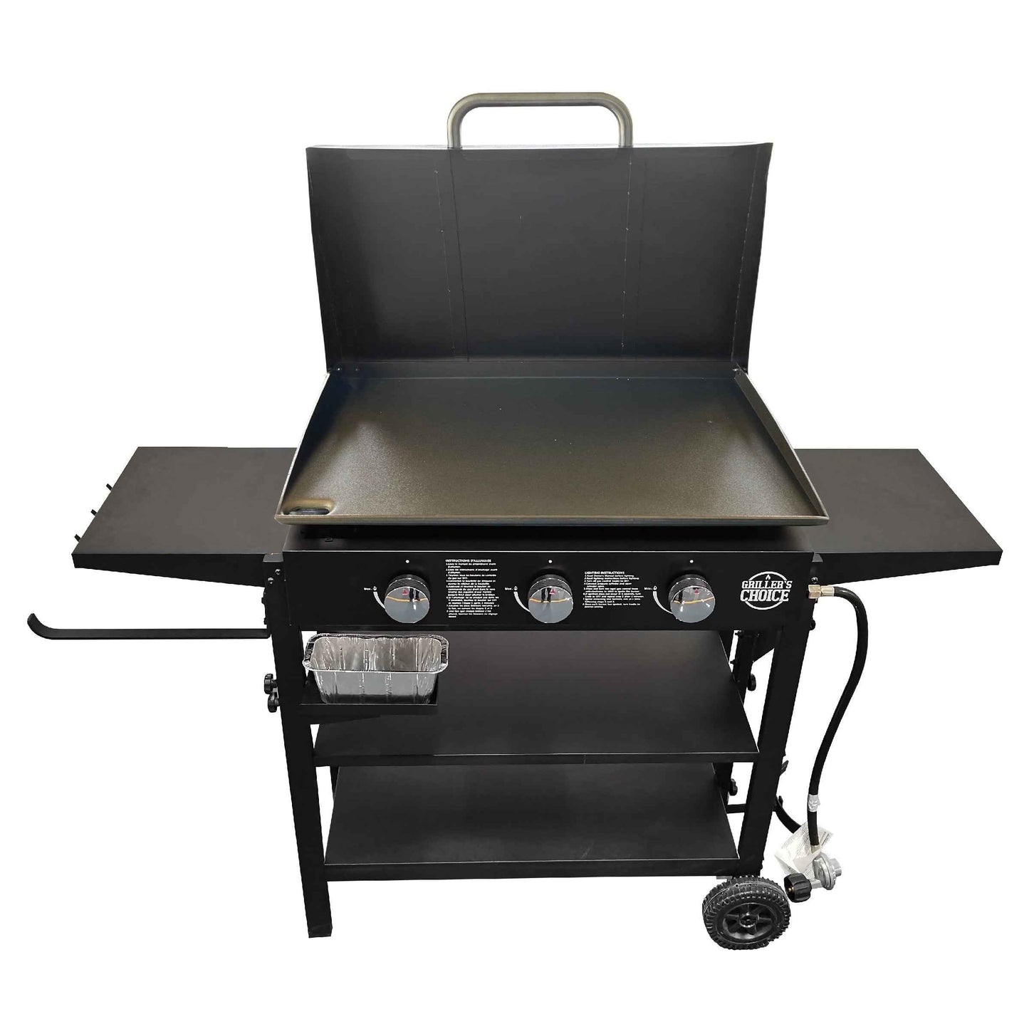 Griller's Choice Propane Gas Griddle with Hinged Hood, Wind Guards, Front Grease Management, 4 Shelves