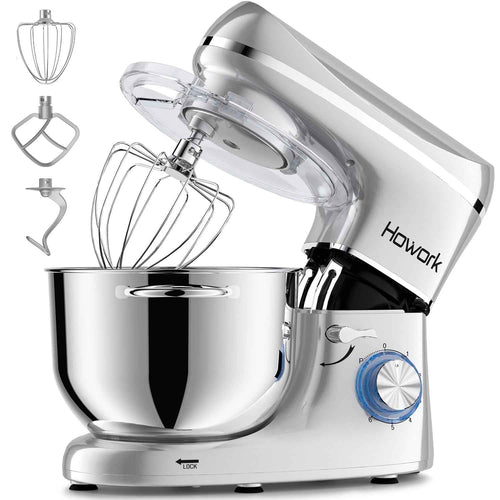HOWORK 6.5-Qt Stand Mixer, Silver with Dough Hook, Beater, Whisk