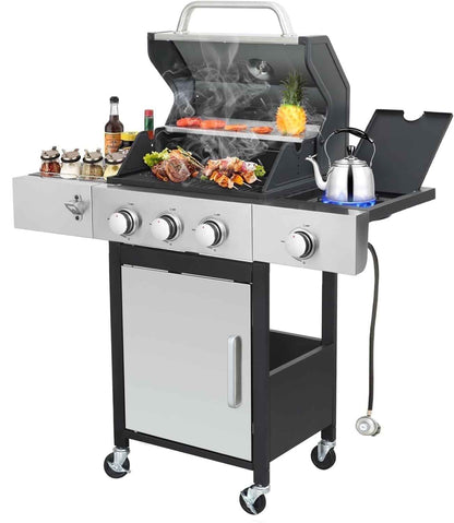 Furnibear 3-Burner Gas Grill Side Burner, Propane Stainless Steel BBQ Grill with Porcelain-Enameled Cast Iron Grates, 37150 BTU Barbecue Grill for Outdoor Cooking