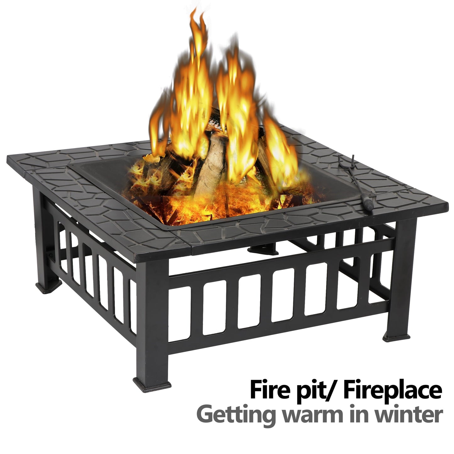 HomGarden 32'' Portable Fire Pit Wood Burning Outdoor Fireplace W/BBQ Grill & Poker & Mesh Lid - Home OXO