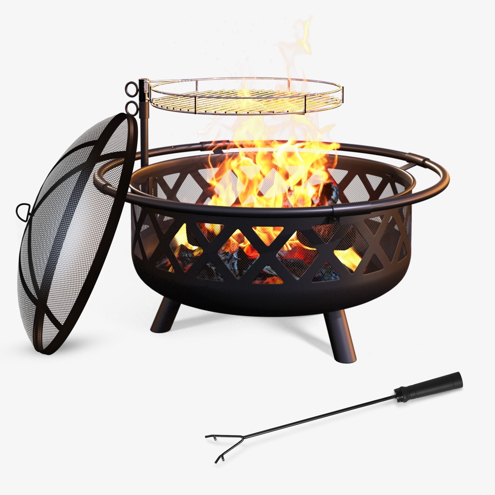 JolyDale 30 inch Outdoor Fire Pit with Cooking 2 in 1 Grate Wood Burning Firepit Steel Firepit Bowl with Swivel BBQ Grill, Poker for Backyard, Garden - Home OXO