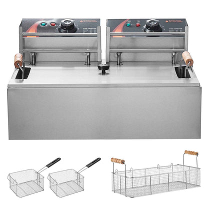 KFFKFF Electric Deep Fryer for Commercial Use, 3000W, with Triple Baskets, 18Qt/17L Capacity, Stainless Steel, Countertop Design, Ideal for Restaurants and Kitchens, Silver