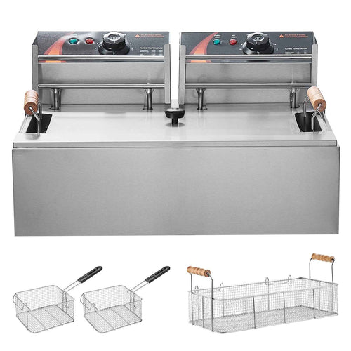 KFFKFF Electric Deep Fryer for Commercial Use, 3000W, with Triple Baskets, 18Qt/17L Capacity, Stainless Steel, Countertop Design, Ideal for Restaurants and Kitchens, Silver