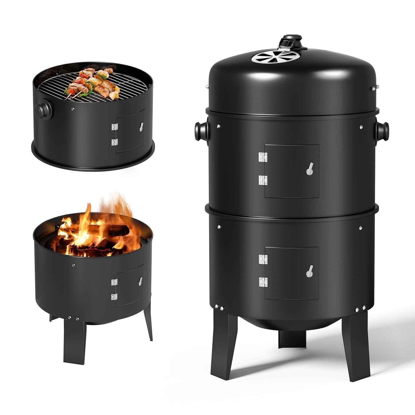 KingChii 3 in 1 Vertical Charcoal Smoker Grill BBQ Smoker for Outdoor, Patio Backyard Camping, Black