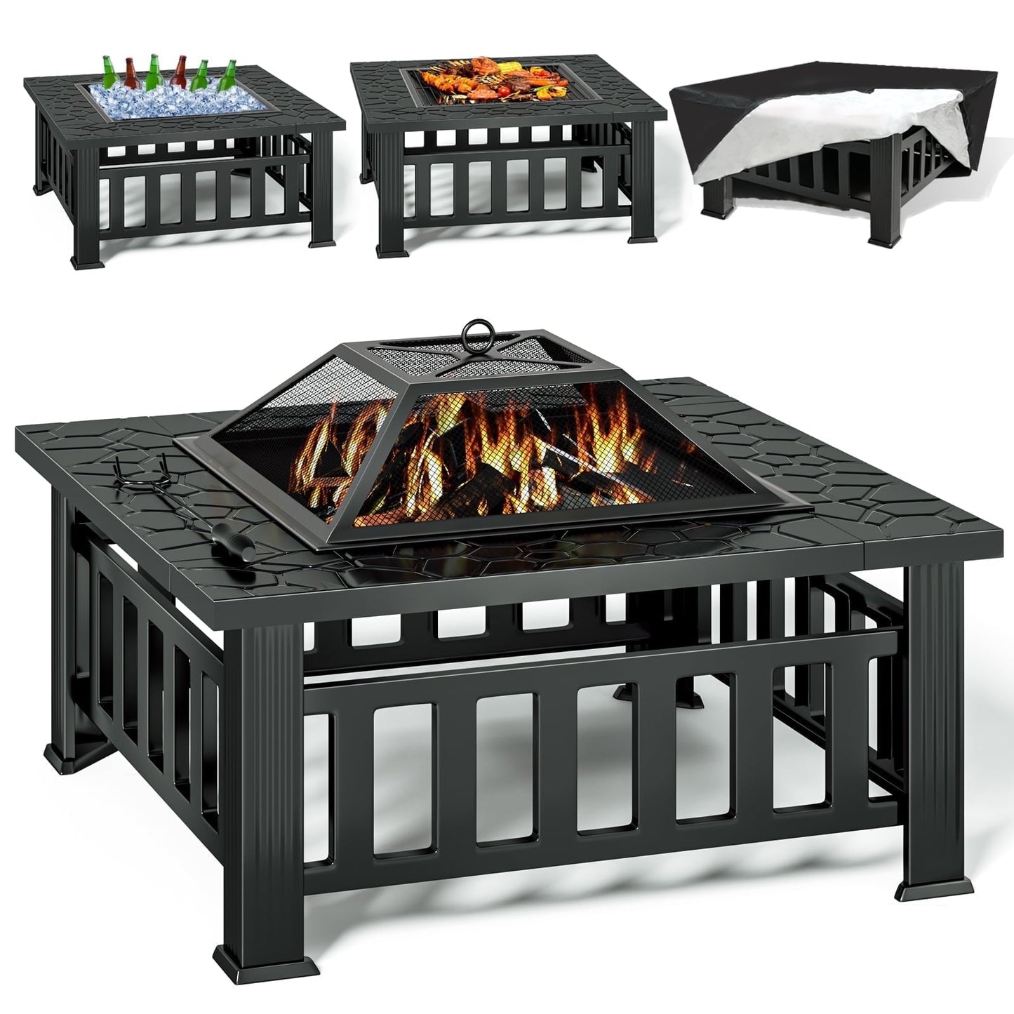 KingChii 32" Fire Pit Table Wood Burning Square Metal Firepit for Outdoor, Patio Backyard BBQ with Mesh Lid, Poker and Cover, Black - Home OXO